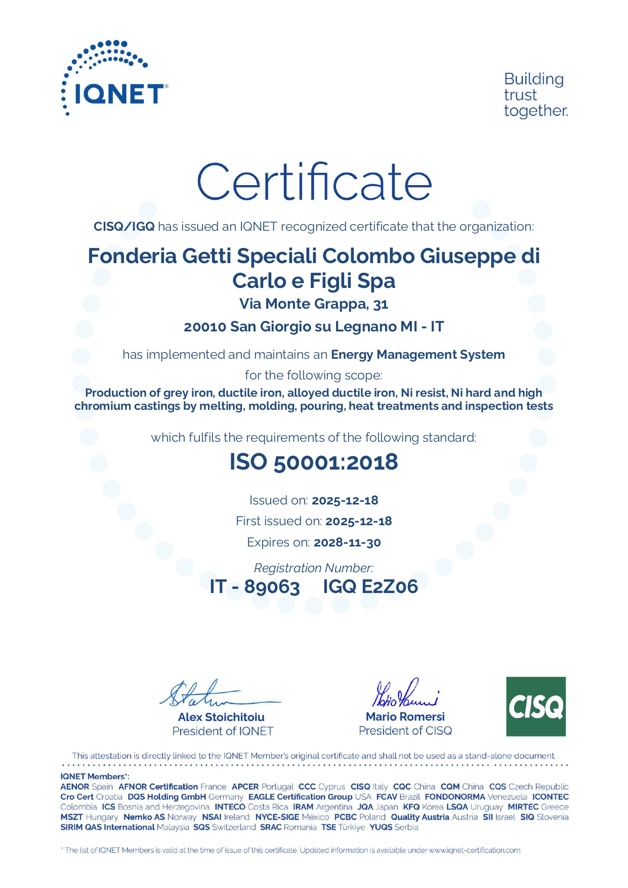 Certificates IQNET 50001-2018 Colombo